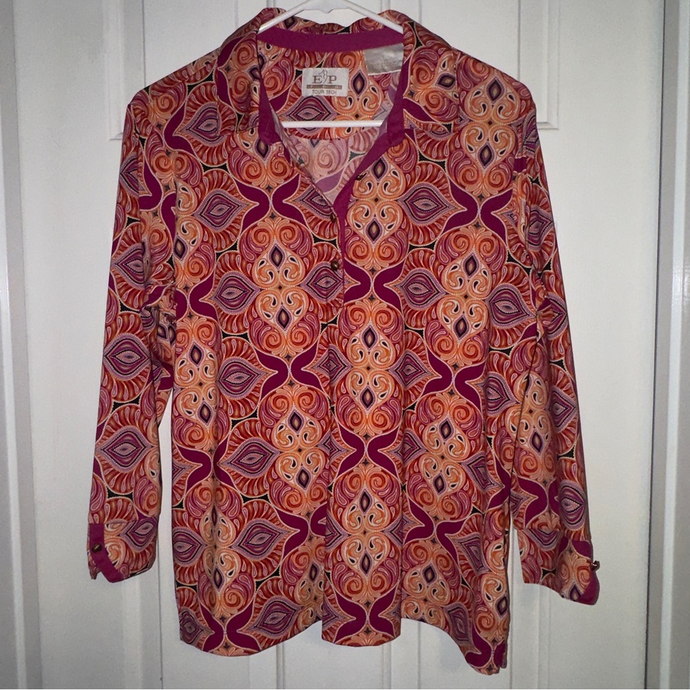 EP PRO TOUR TECH MULTICOLOR PAISLEY ORANGE PINK WOMENS GOLF SHIRT. EUC. LARGE